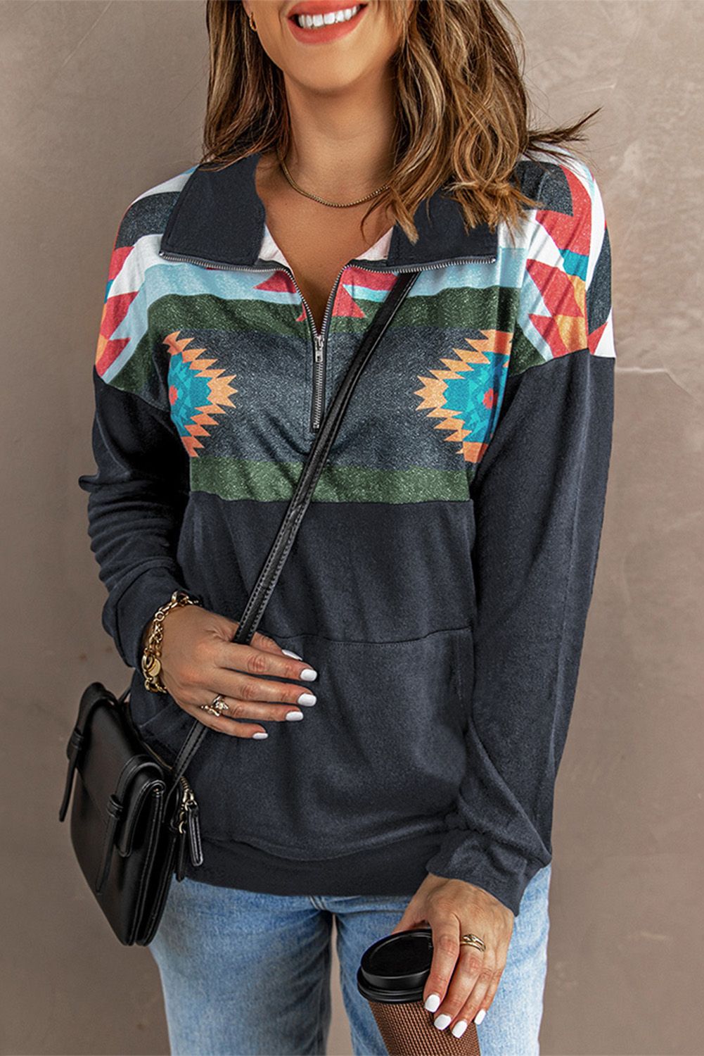 Aztec Print Atop Charcoal Pullover Sweatshirt