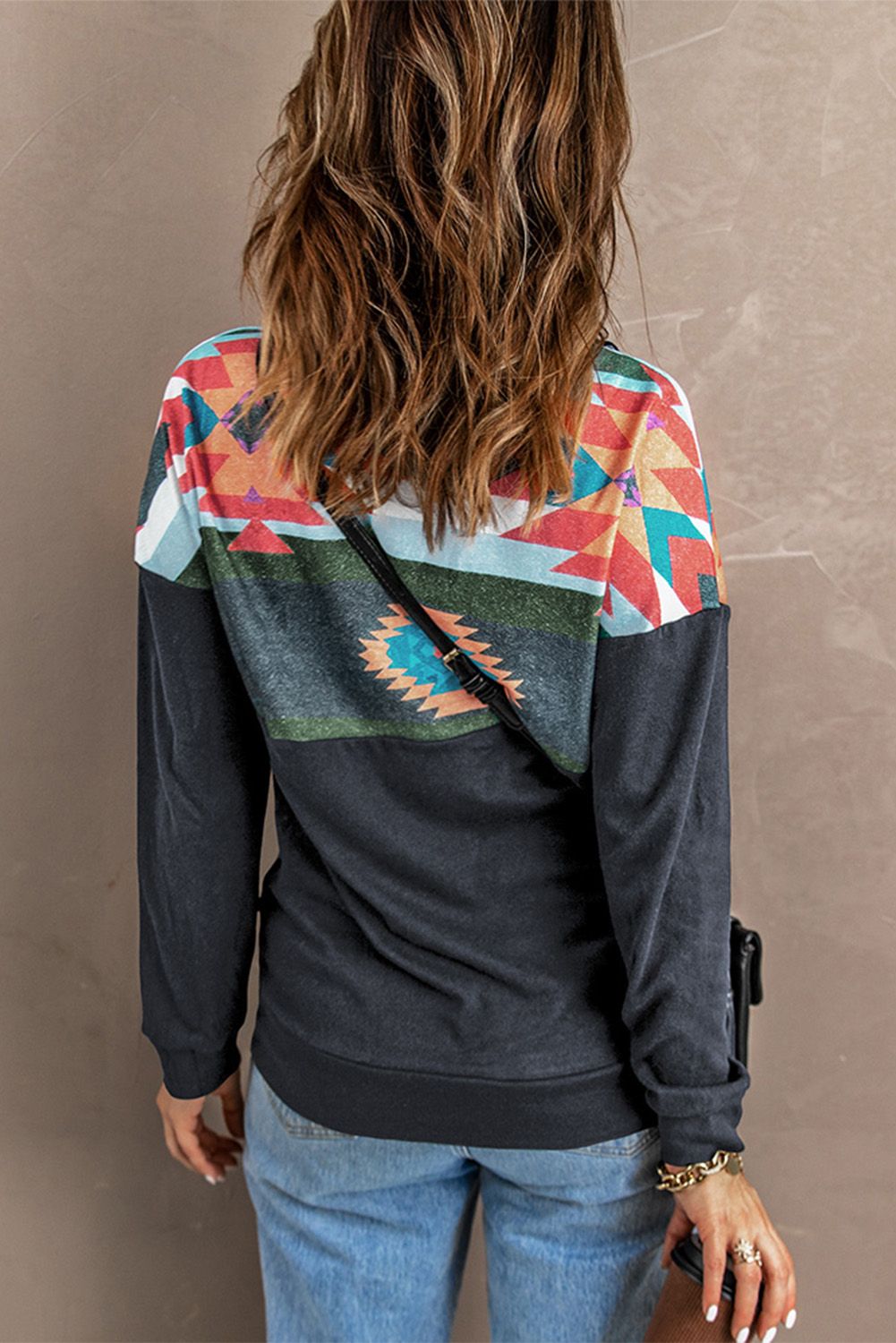 Aztec Print Atop Charcoal Pullover Sweatshirt