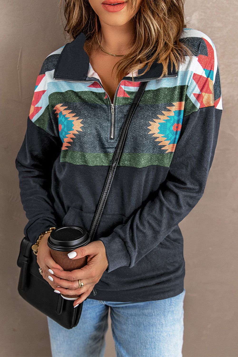 Aztec Print Atop Charcoal Pullover Sweatshirt
