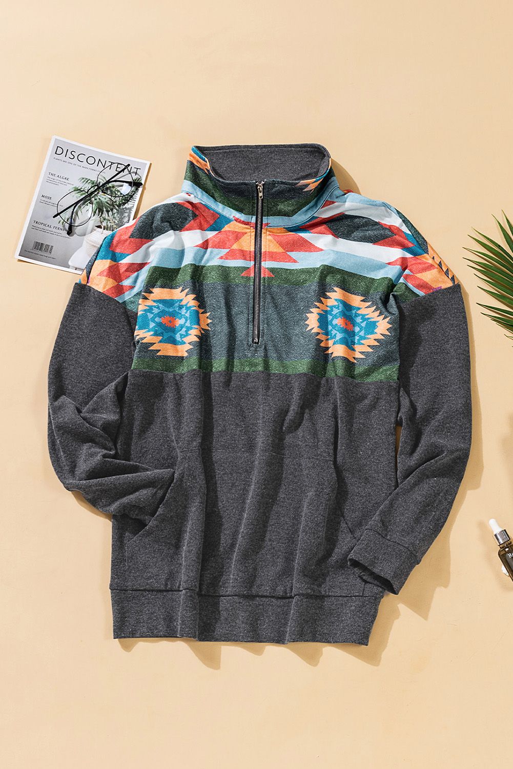 Aztec Print Atop Charcoal Pullover Sweatshirt