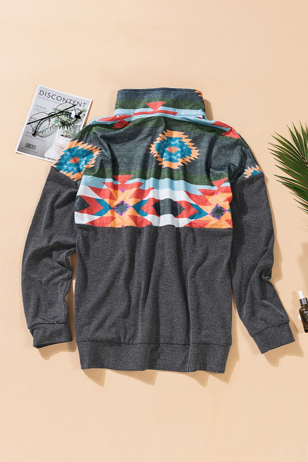 Aztec Print Atop Charcoal Pullover Sweatshirt