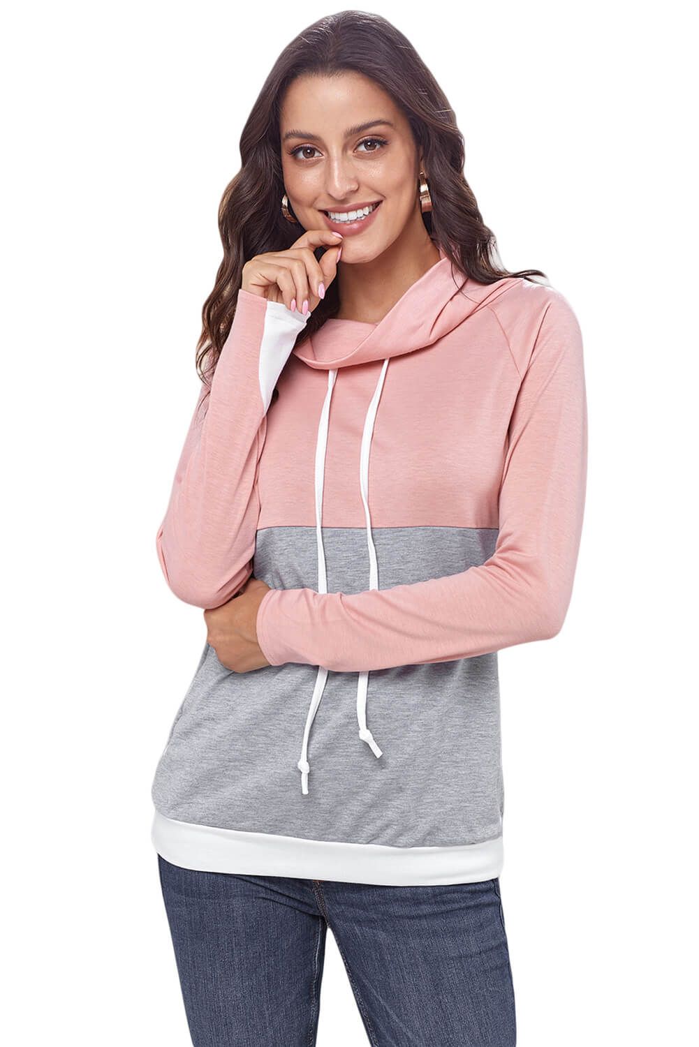 Pink Gray Colorblock Thumbhole Sleeved Sweatshirt