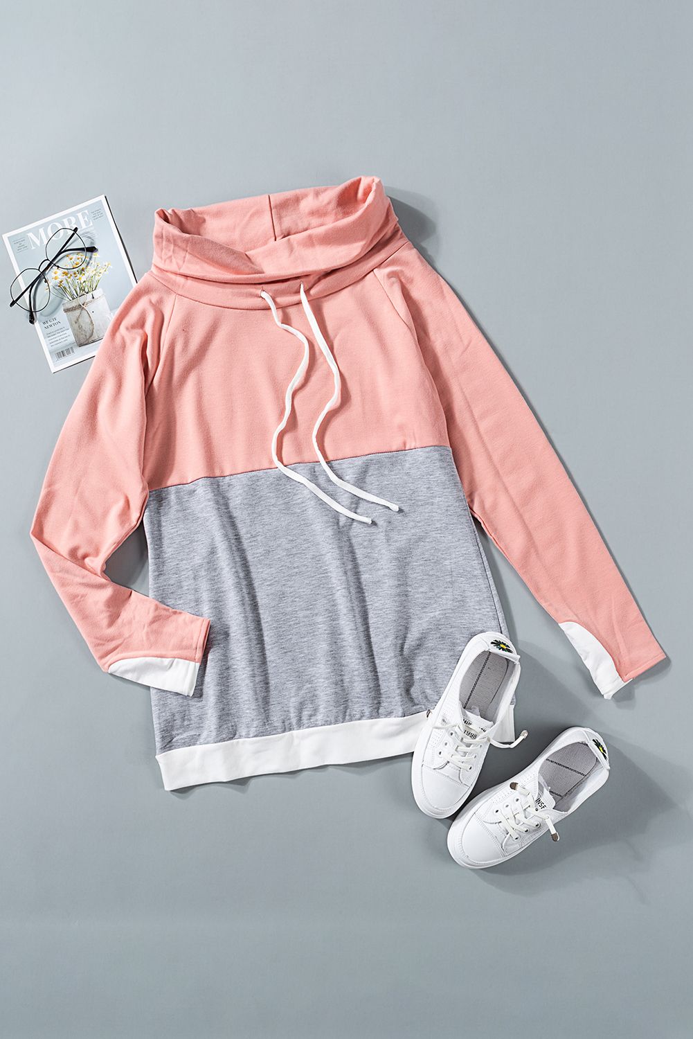 Pink Gray Colorblock Thumbhole Sleeved Sweatshirt