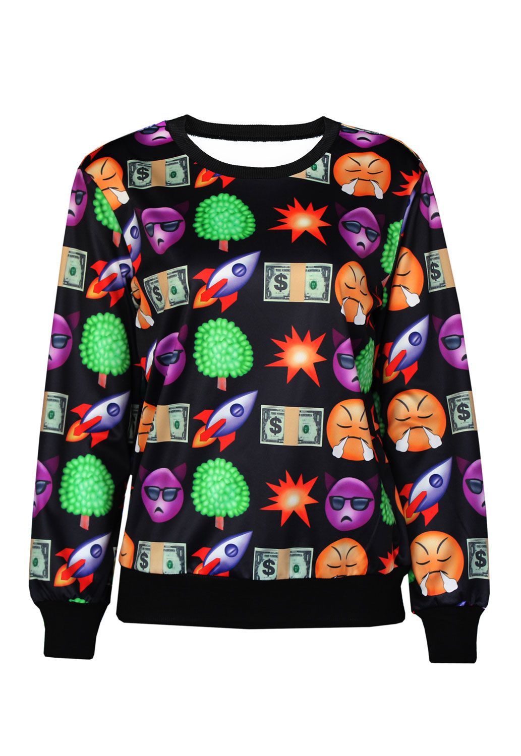 Fashion Emoji Print Black Women Sweatshirt