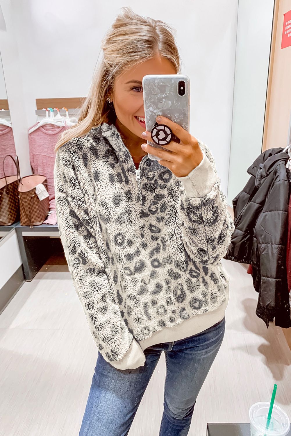Leopard Print 1/4 Zip Elastic Cuff Sherpa Pullover