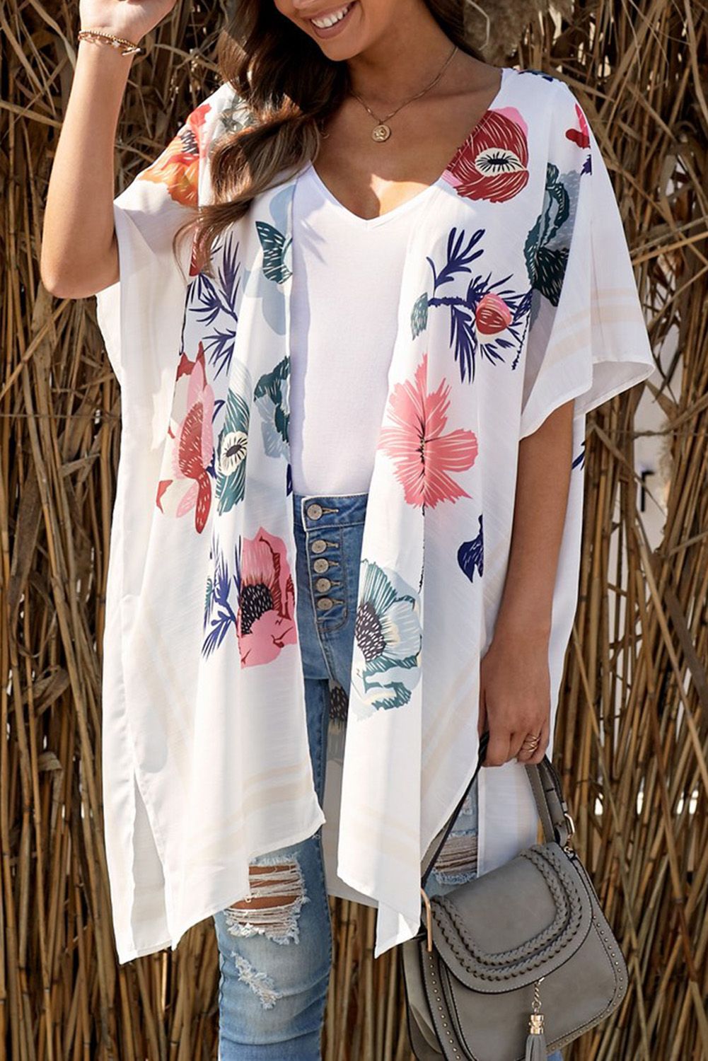White Waterfall Short Sleeve Floral Print Cardigan