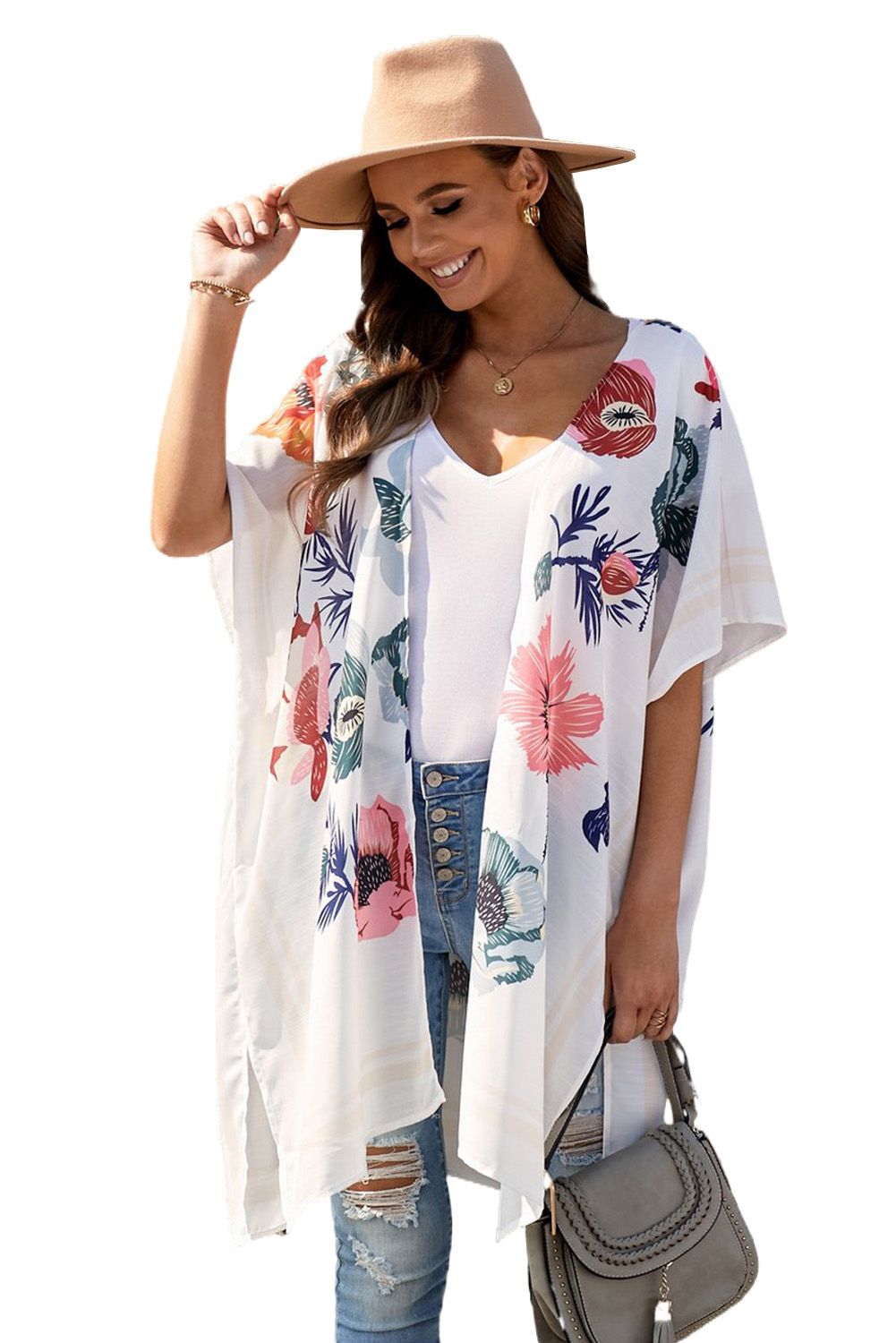 White Waterfall Short Sleeve Floral Print Cardigan