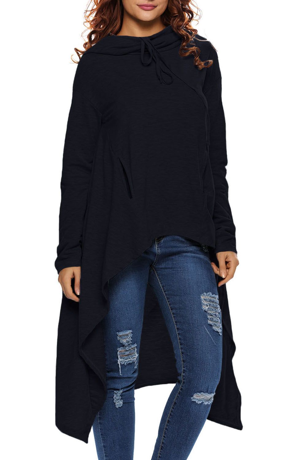 Navy Blue Plain Drawstring Irregular Oversize Hoodie