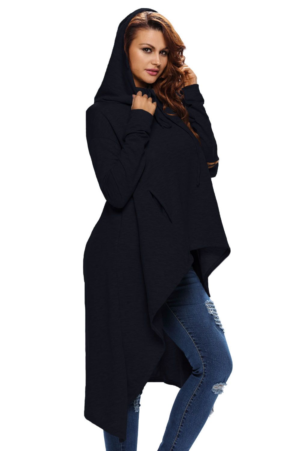 Navy Blue Plain Drawstring Irregular Oversize Hoodie