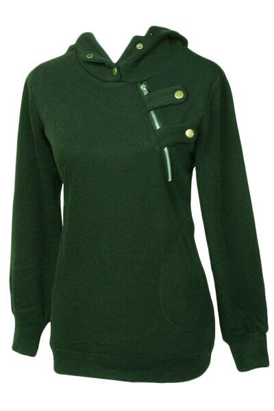 Green Button Zip Detail Warm Pocket Hoodie