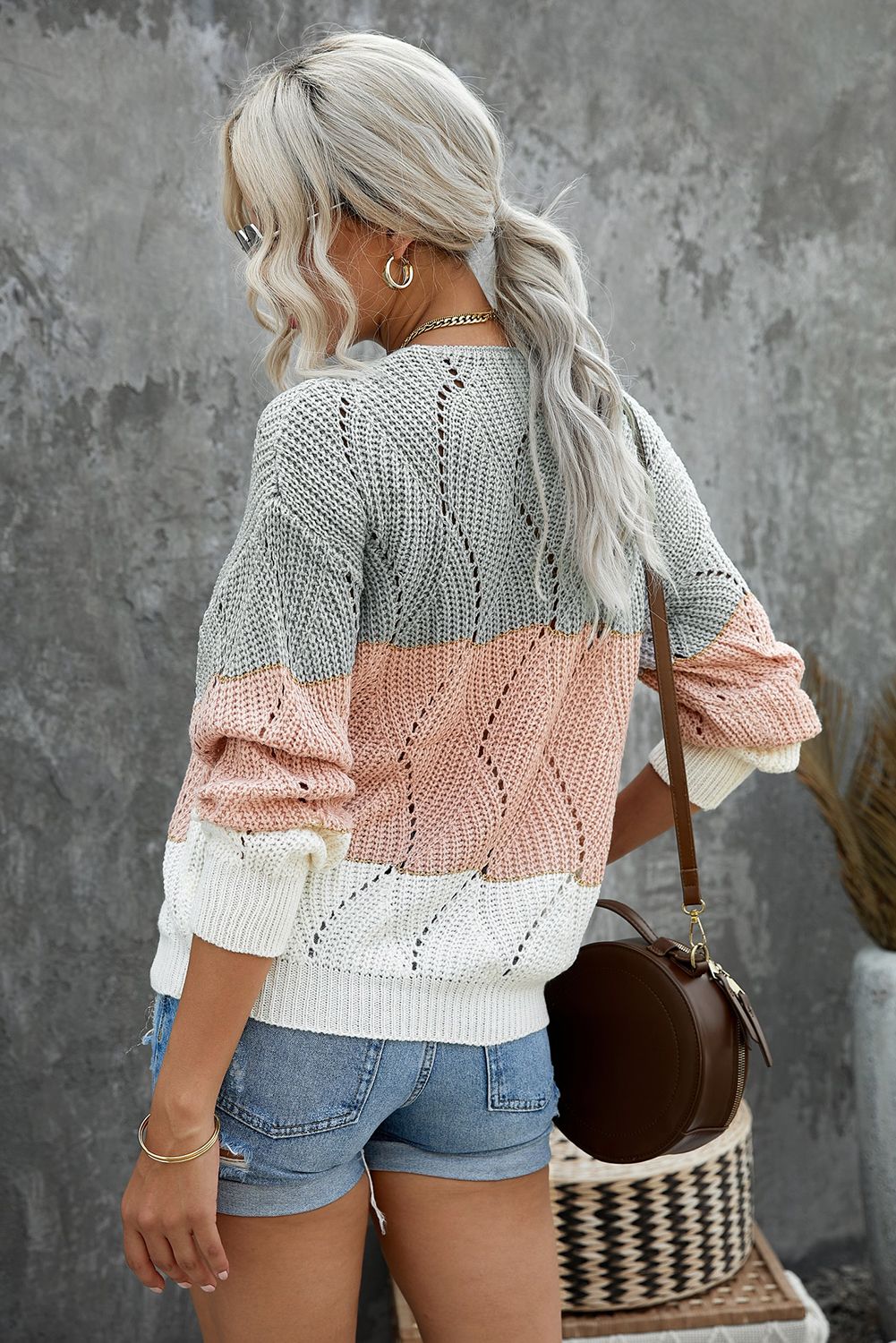 Pink Color Block Knitted Cut Out Pullover Sweater