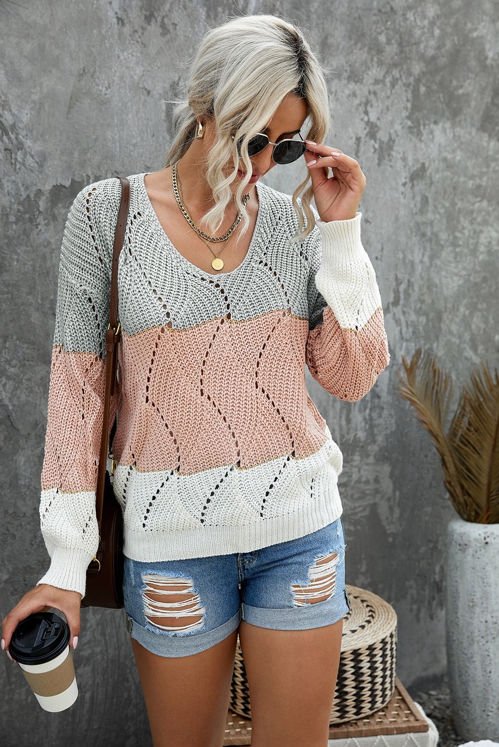 Pink Color Block Knitted Cut Out Pullover Sweater