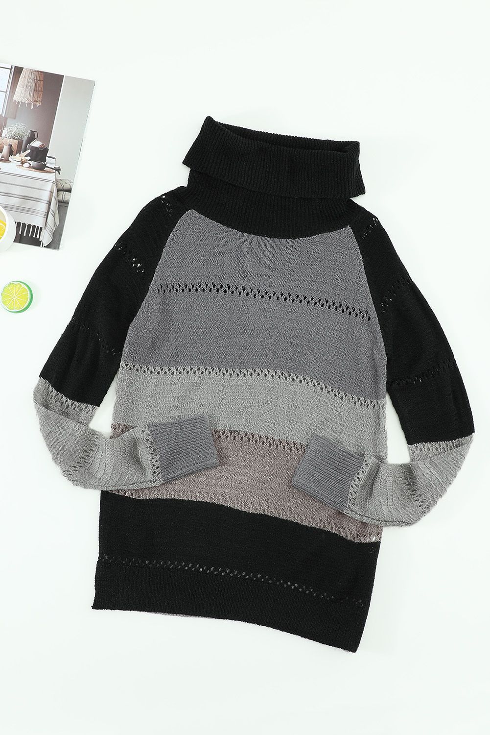 Black Highlight Colorblock Turtleneck Pullover Sweater