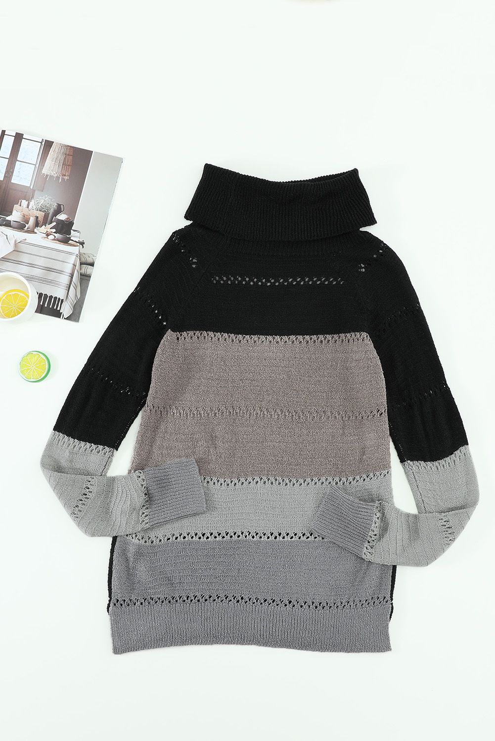 Black Highlight Colorblock Turtleneck Pullover Sweater
