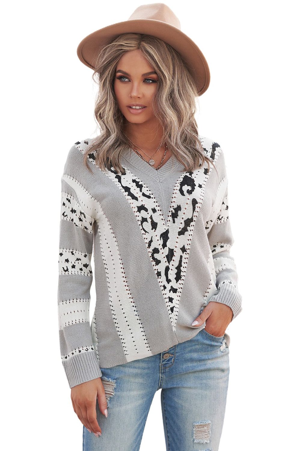 Gray Animal Print Accent V Neck Sweater