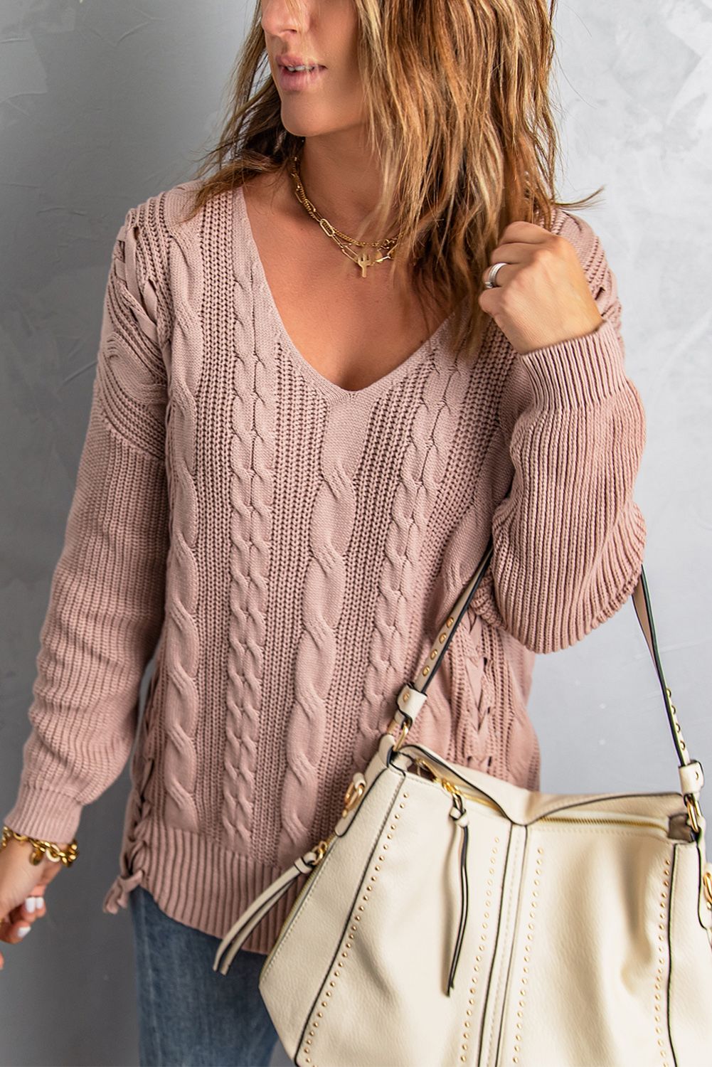 Pink Love Letters Cable Knit Lace Up Sweater