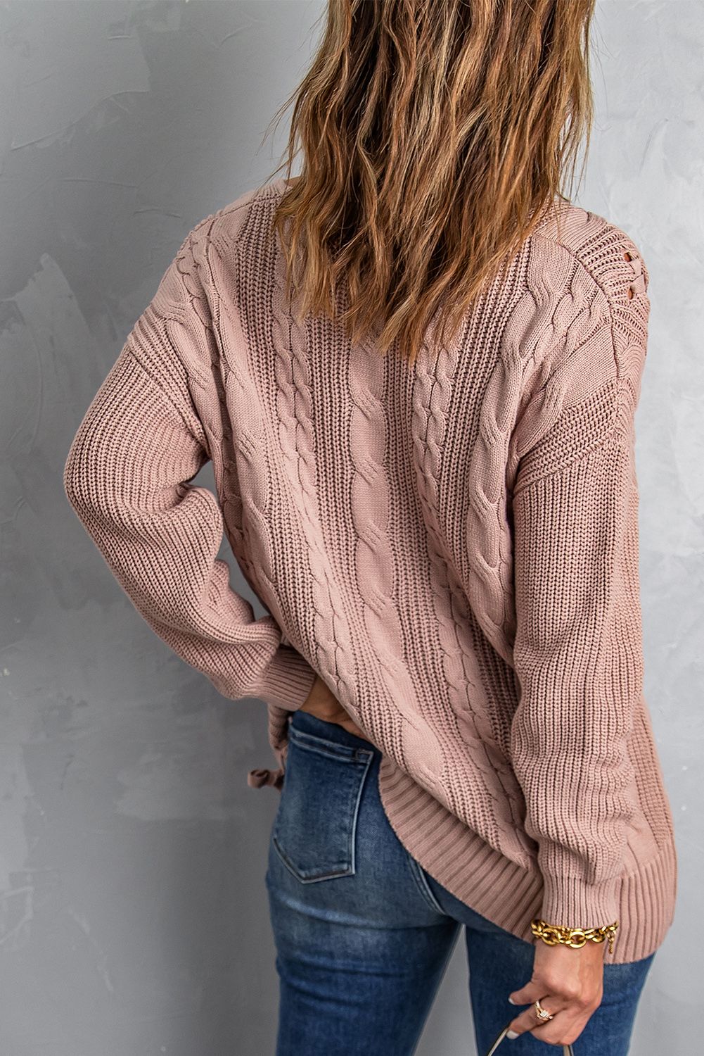 Pink Love Letters Cable Knit Lace Up Sweater
