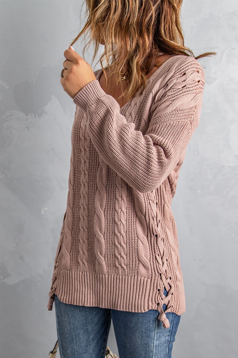 Pink Love Letters Cable Knit Lace Up Sweater