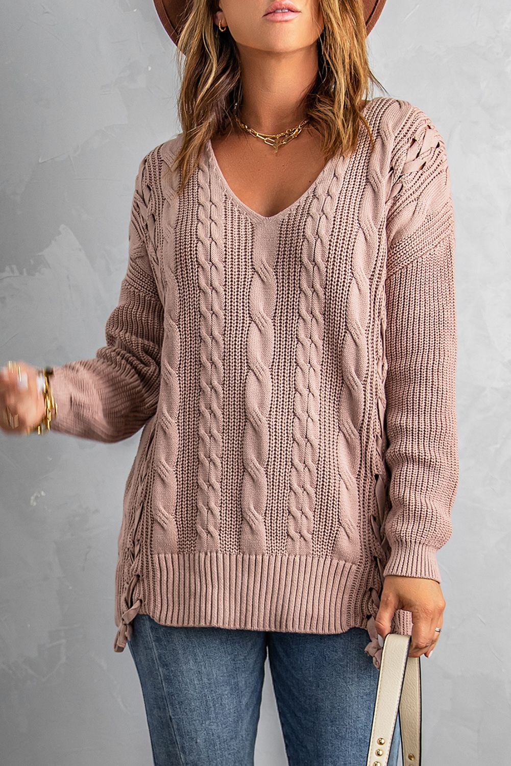 Pink Love Letters Cable Knit Lace Up Sweater