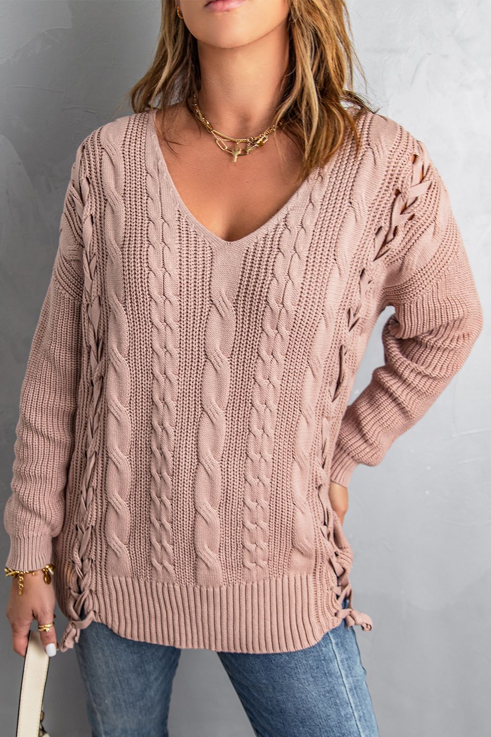 Pink Love Letters Cable Knit Lace Up Sweater