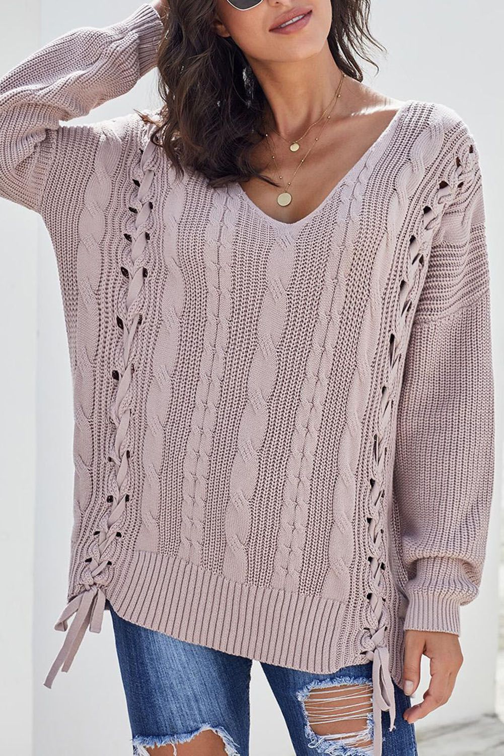 Pink Love Letters Cable Knit Lace Up Sweater