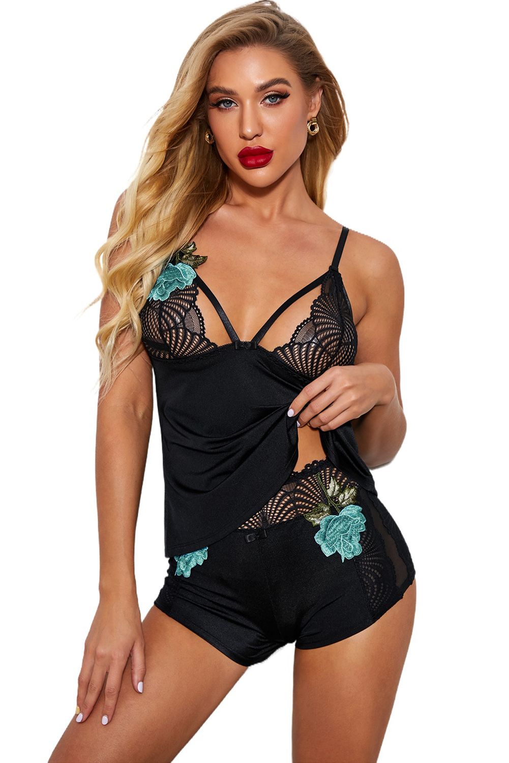 Black Floral Embroidery Scallops Lace Pajamas Set