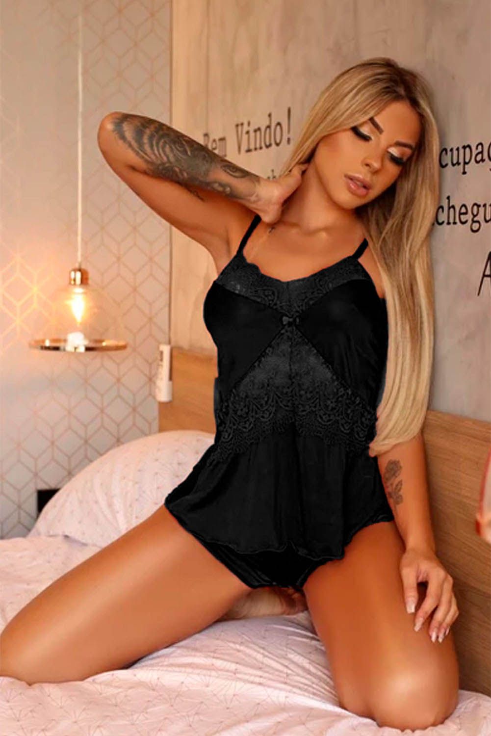 Black Lace Patchwork Cami Shorts 2 Pieces Pajamas Set