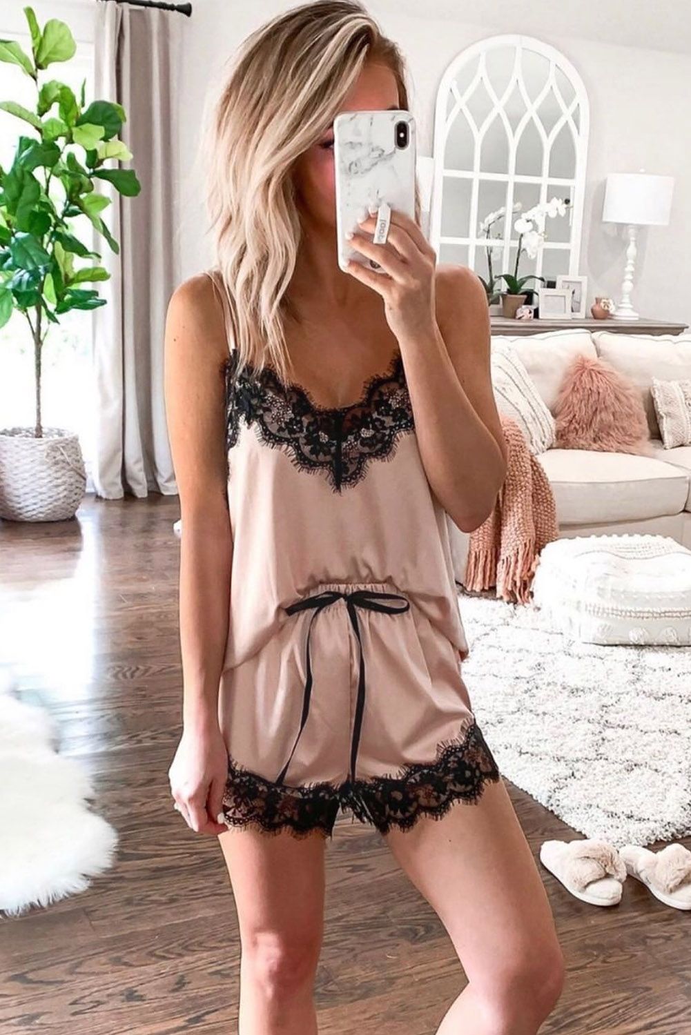 Apricot Lace Satin Sleepwear Cami Top and Shorts Pajamas Set