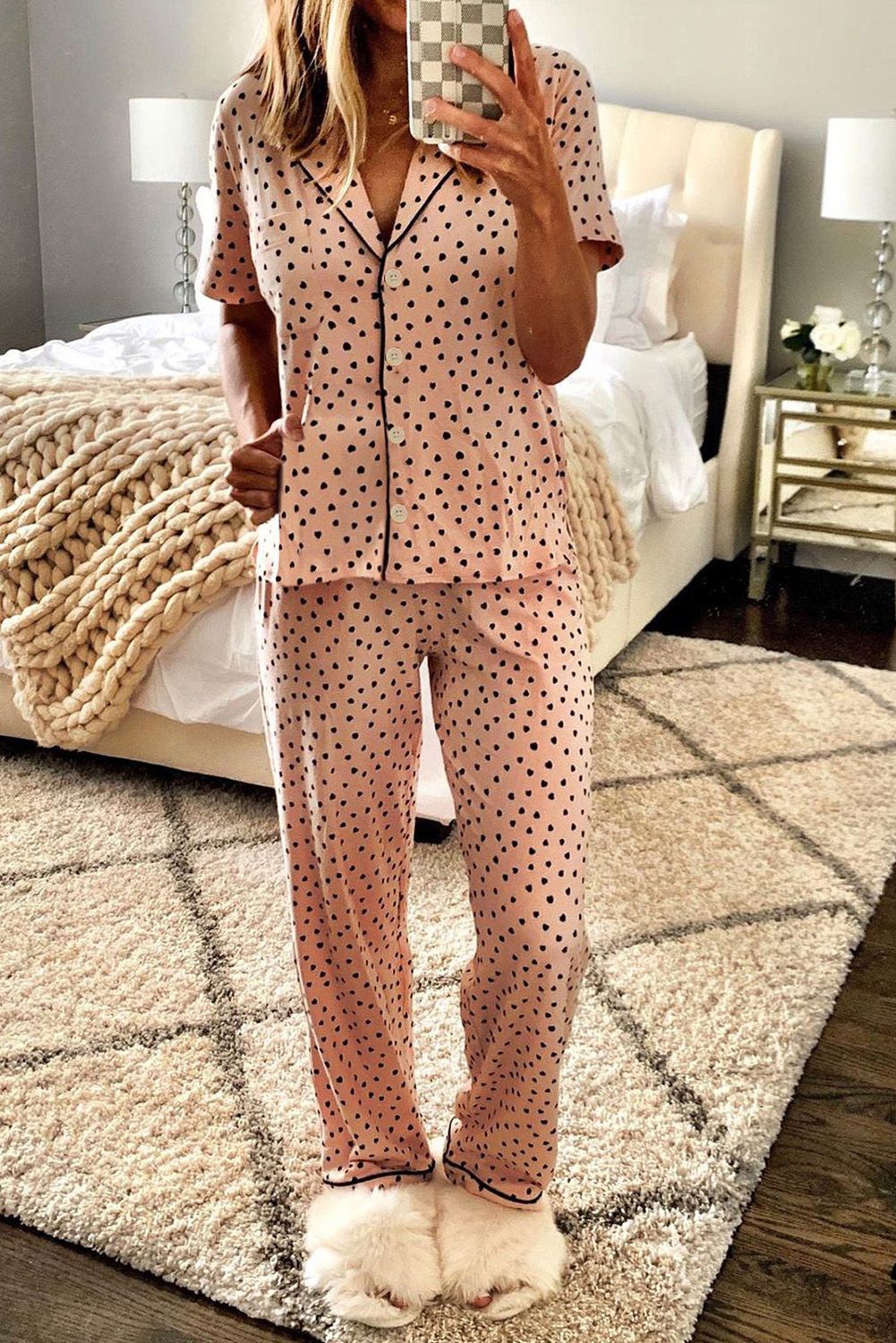 Pink Dotted Print Notched Collar Pajamas Set