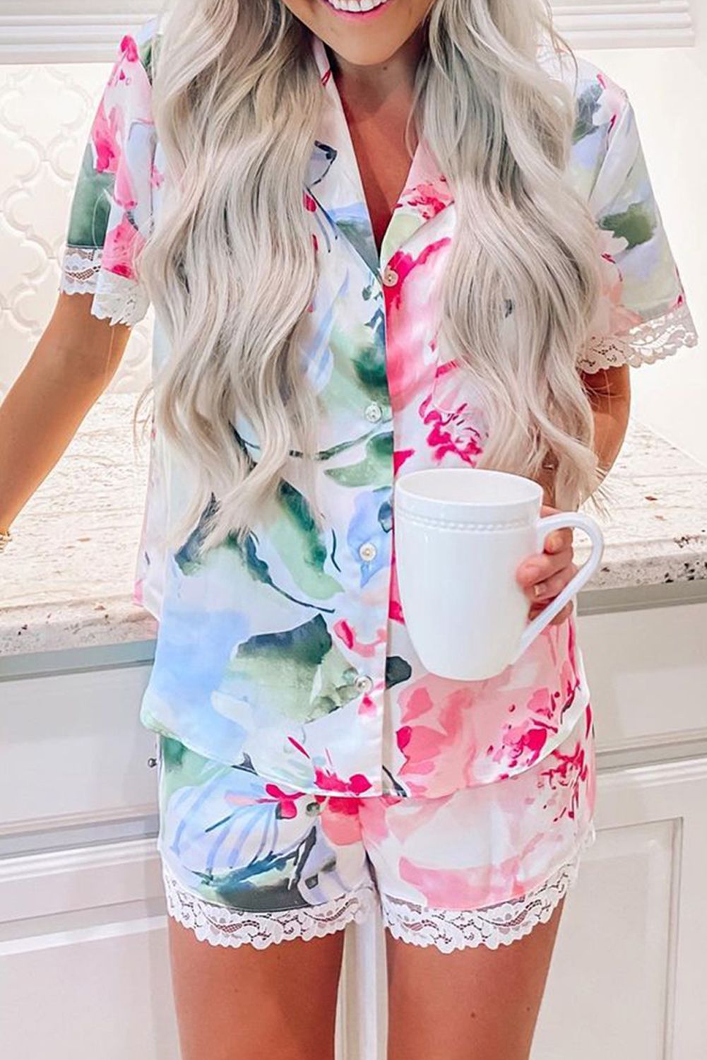 Multicolor Floral Print Lapel Button Shirt Shorts Pajamas Set