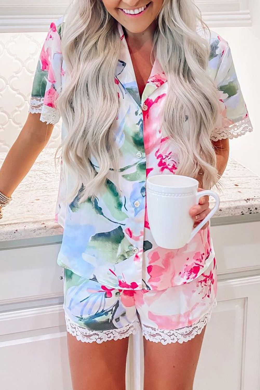 Multicolor Floral Print Lapel Button Shirt Shorts Pajamas Set