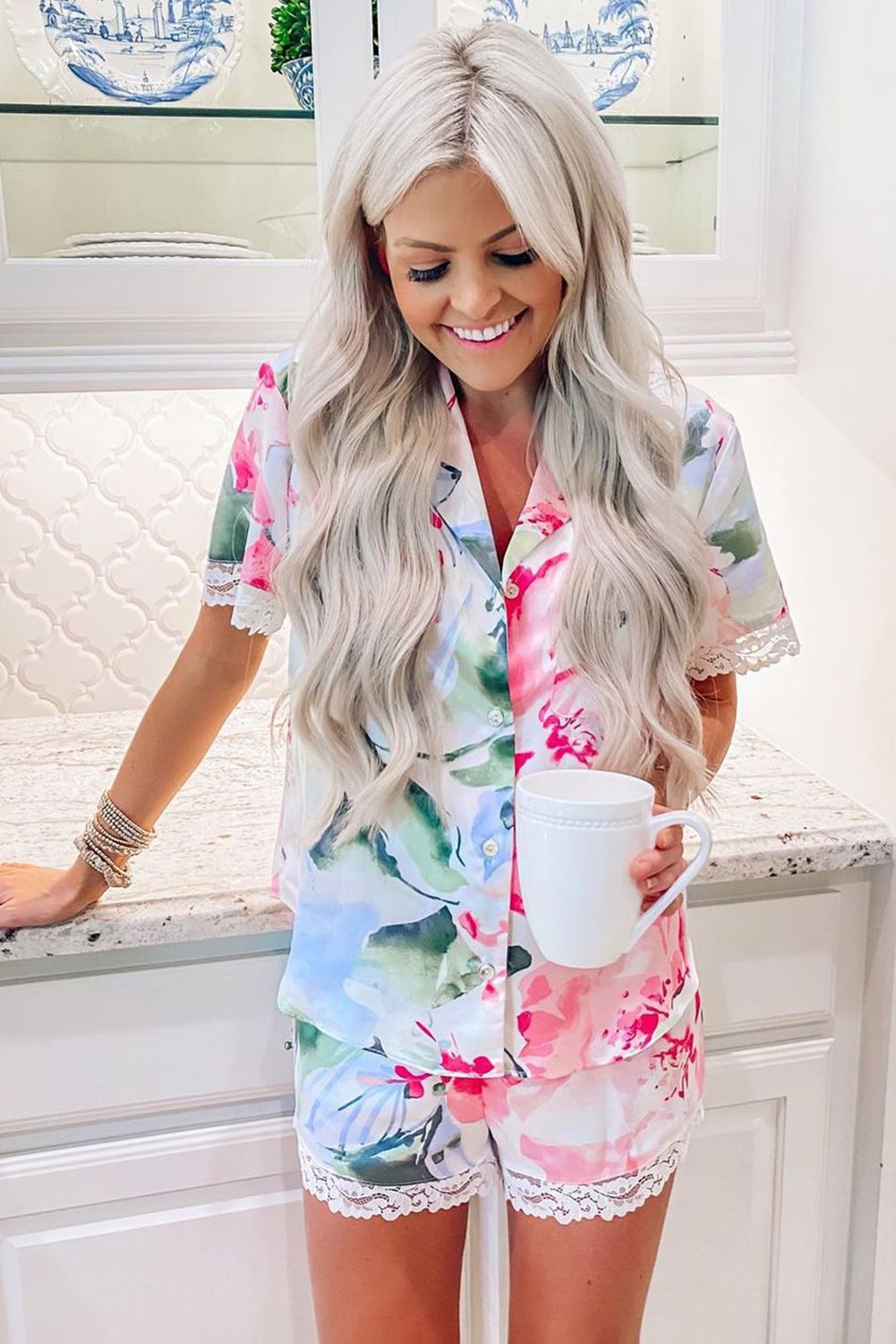 Multicolor Floral Print Lapel Button Shirt Shorts Pajamas Set