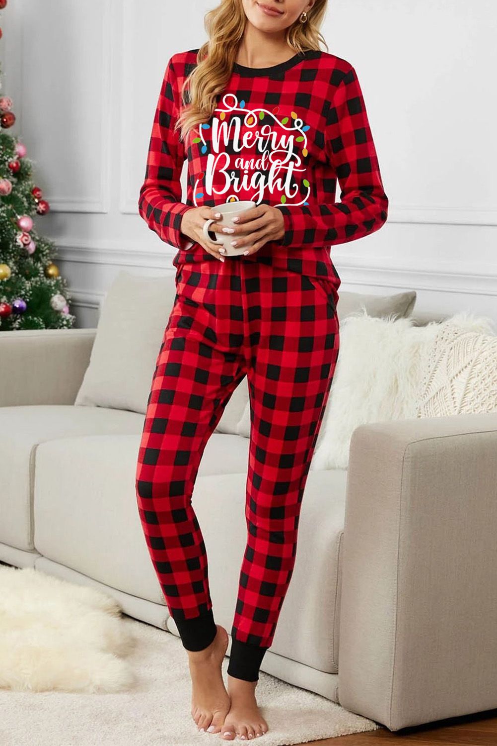 Christmas Plaid Letter Print Long Sleeve Top and Pants Loungewear