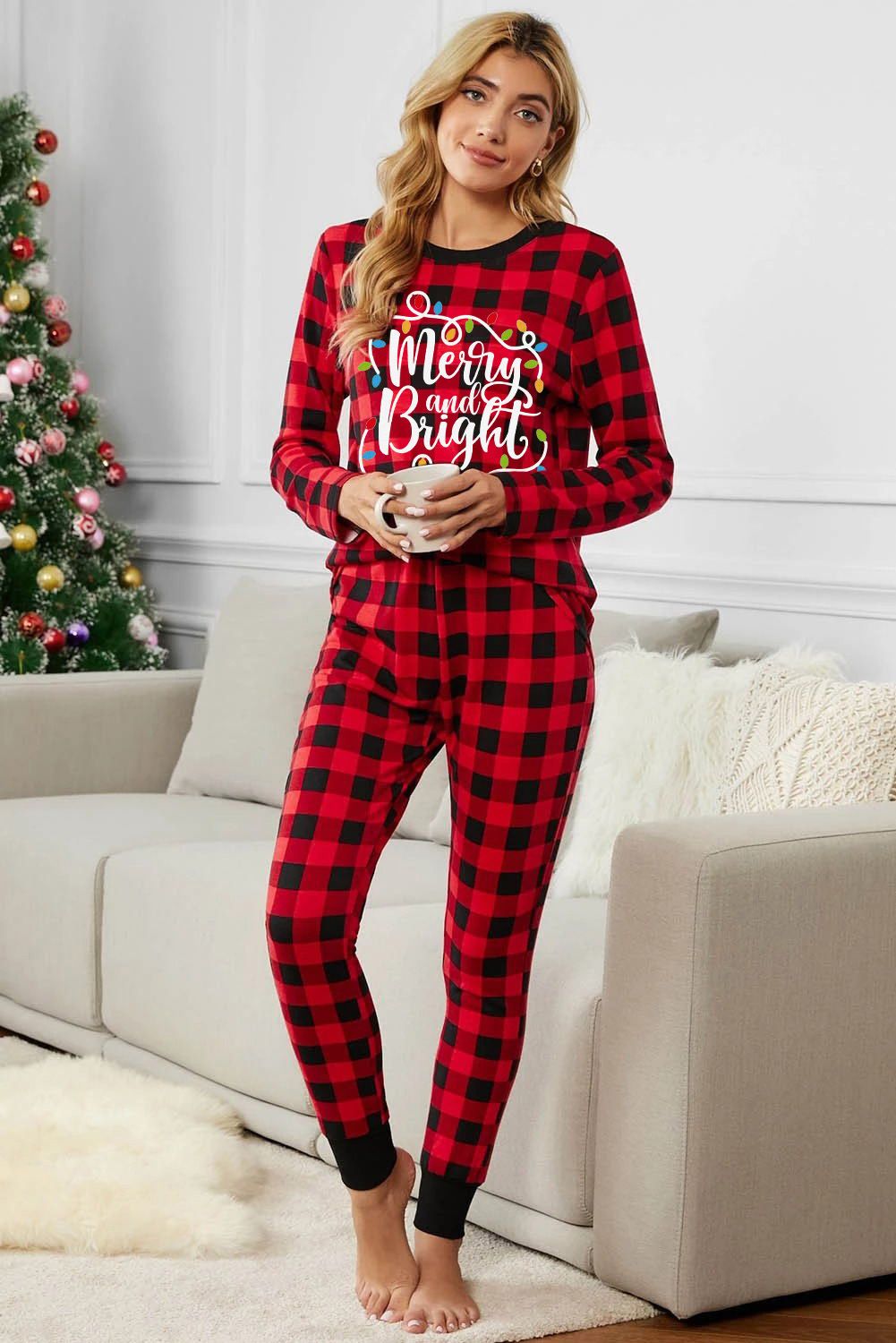 Christmas Plaid Letter Print Long Sleeve Top and Pants Loungewear