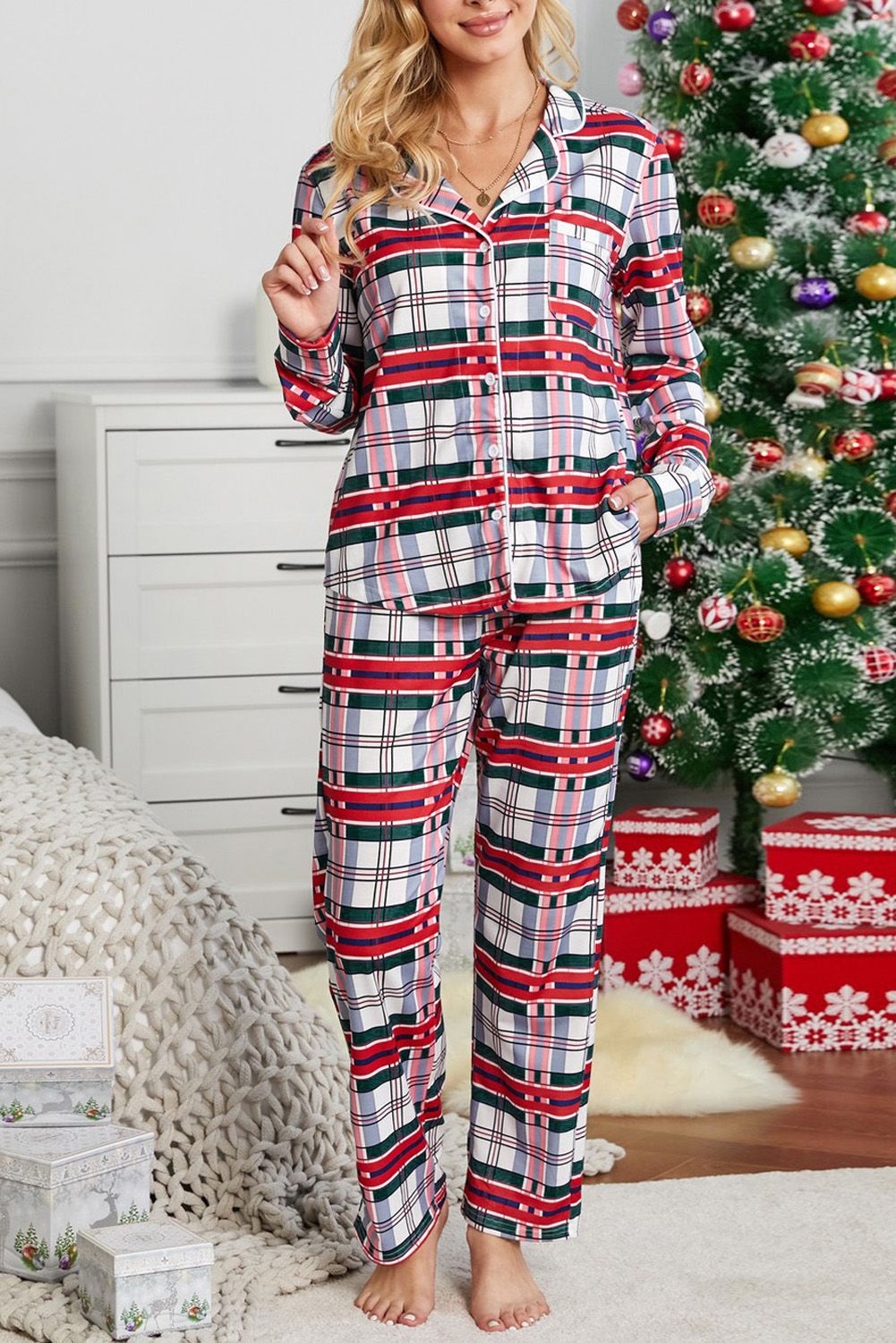 Red Shirt Collar Plaid Button Down Christmas Pajama Set