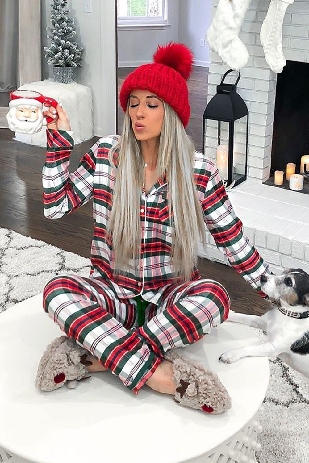 Red Shirt Collar Plaid Button Down Christmas Pajama Set