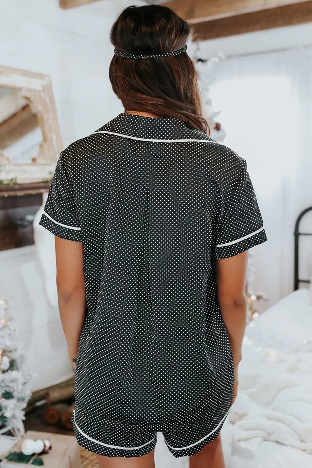 Gray Dotted Satin Short Sleeve Shirt and Shorts Pajama Set
