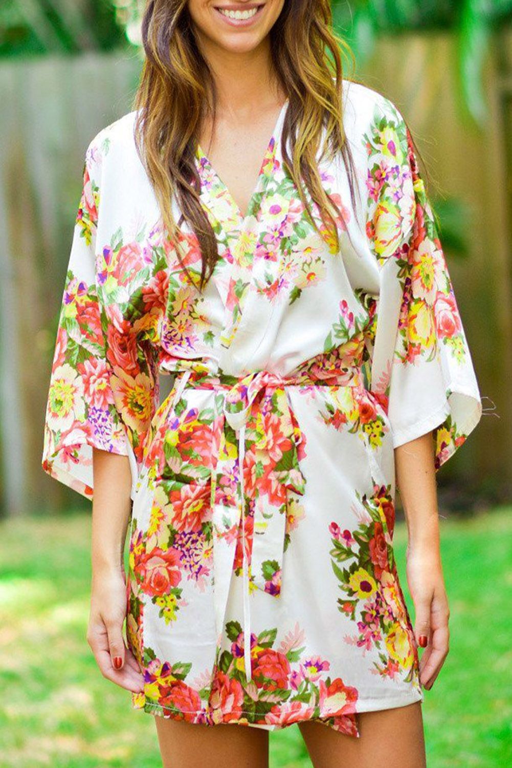 White Floral Bundles Robe with Belt