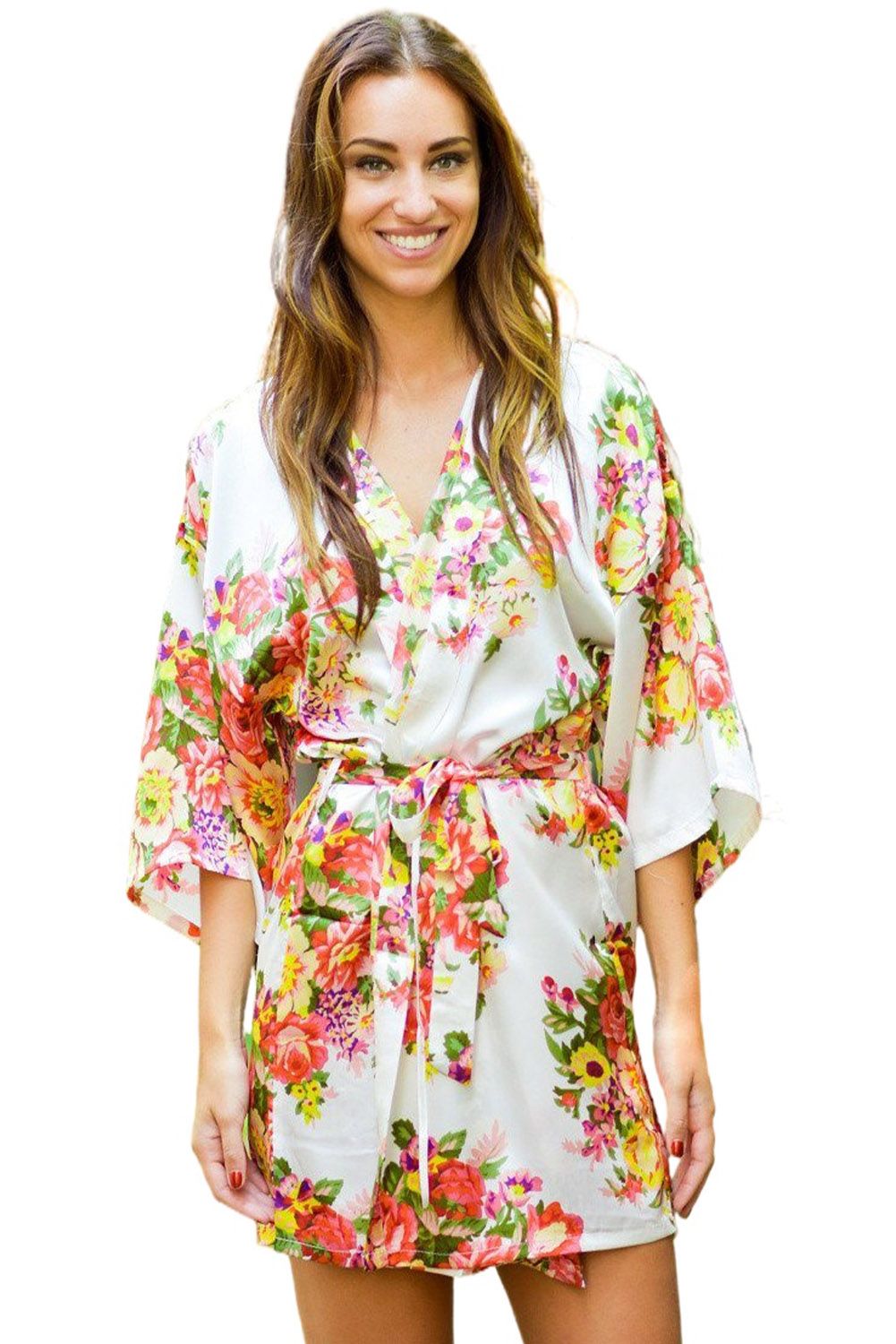 White Floral Bundles Robe with Belt