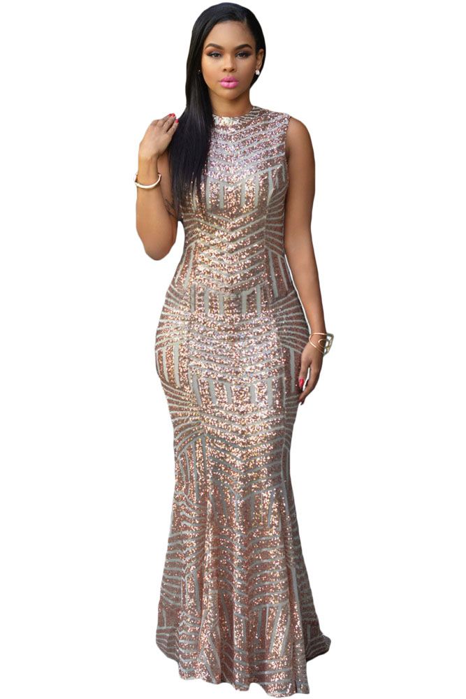 Blush Sequins Keyhole Back Party Gown