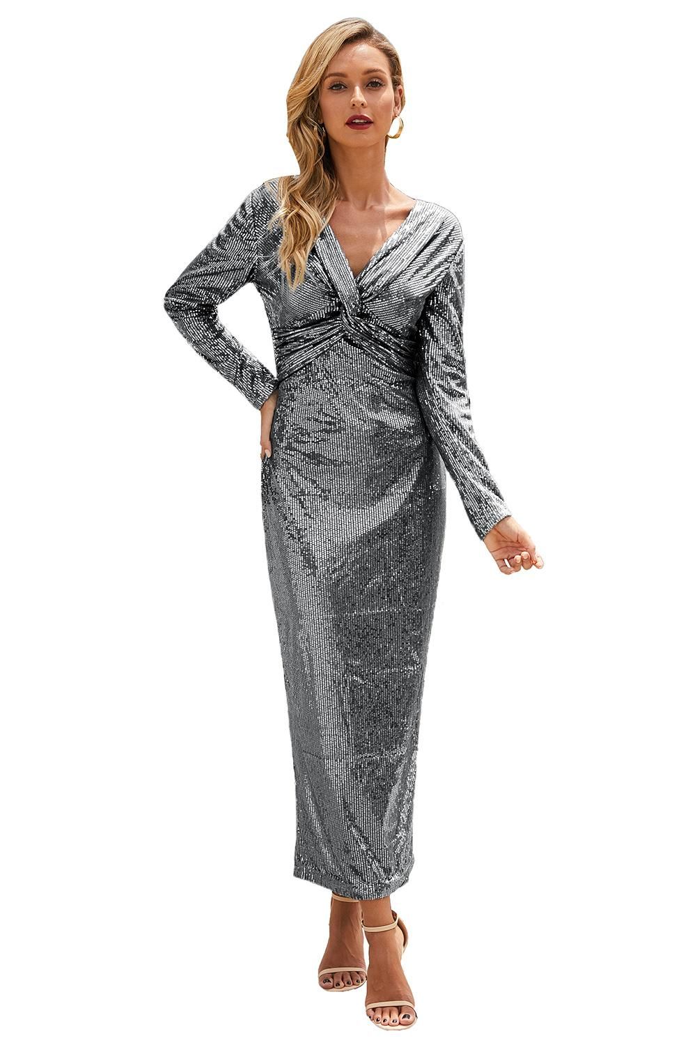 Silver Long Sleeve V Neck Twist Ruched Sequin Prom Maxi Dress