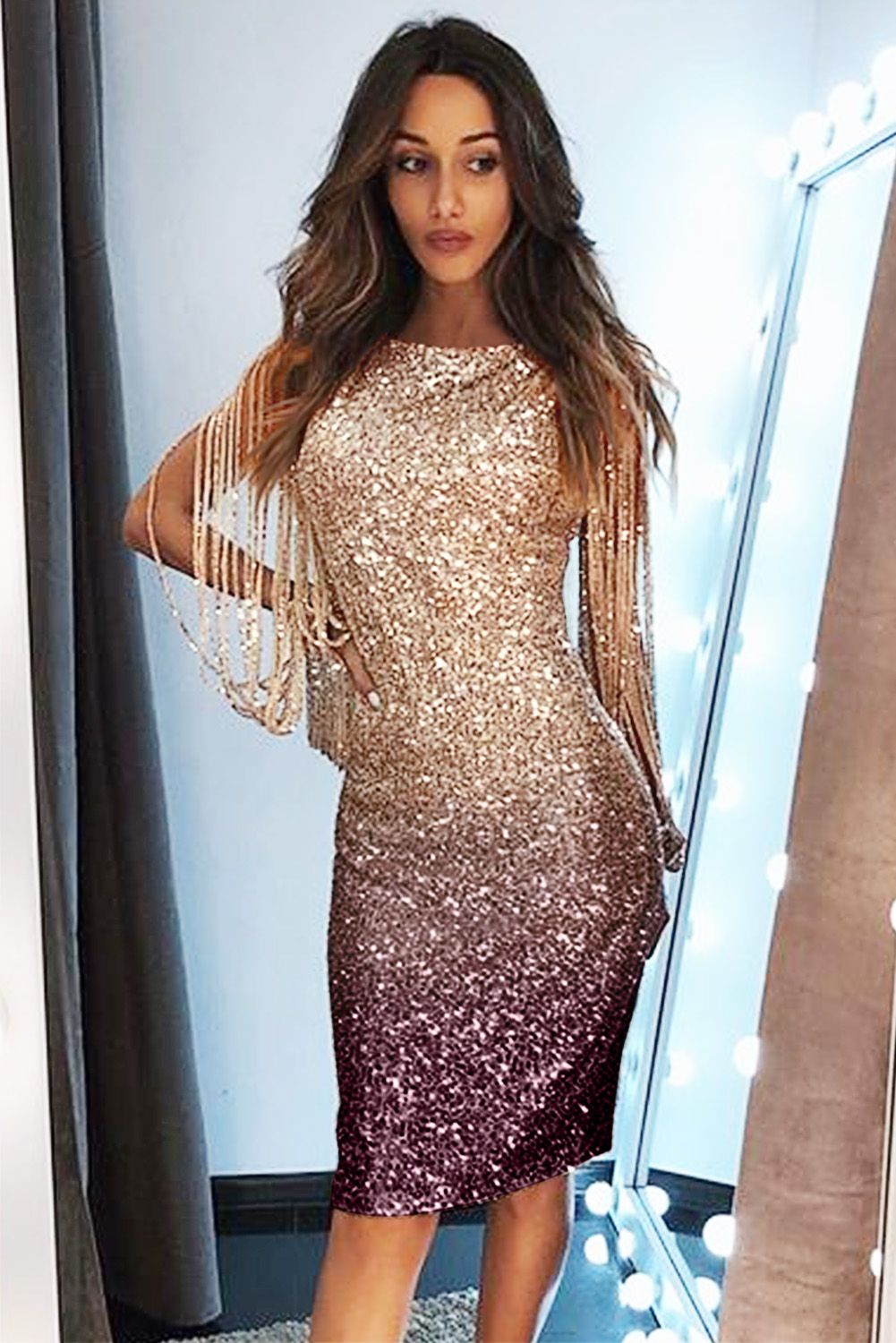 Apricot Ombre Sequin Tassel Sleeve Bodycon Prom Dress