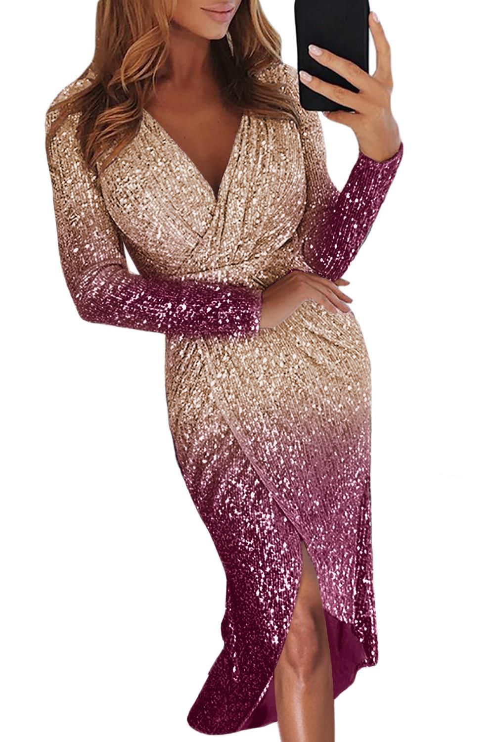 Apricot Ombre Sequin Wrapped Ruched Irregular Dress