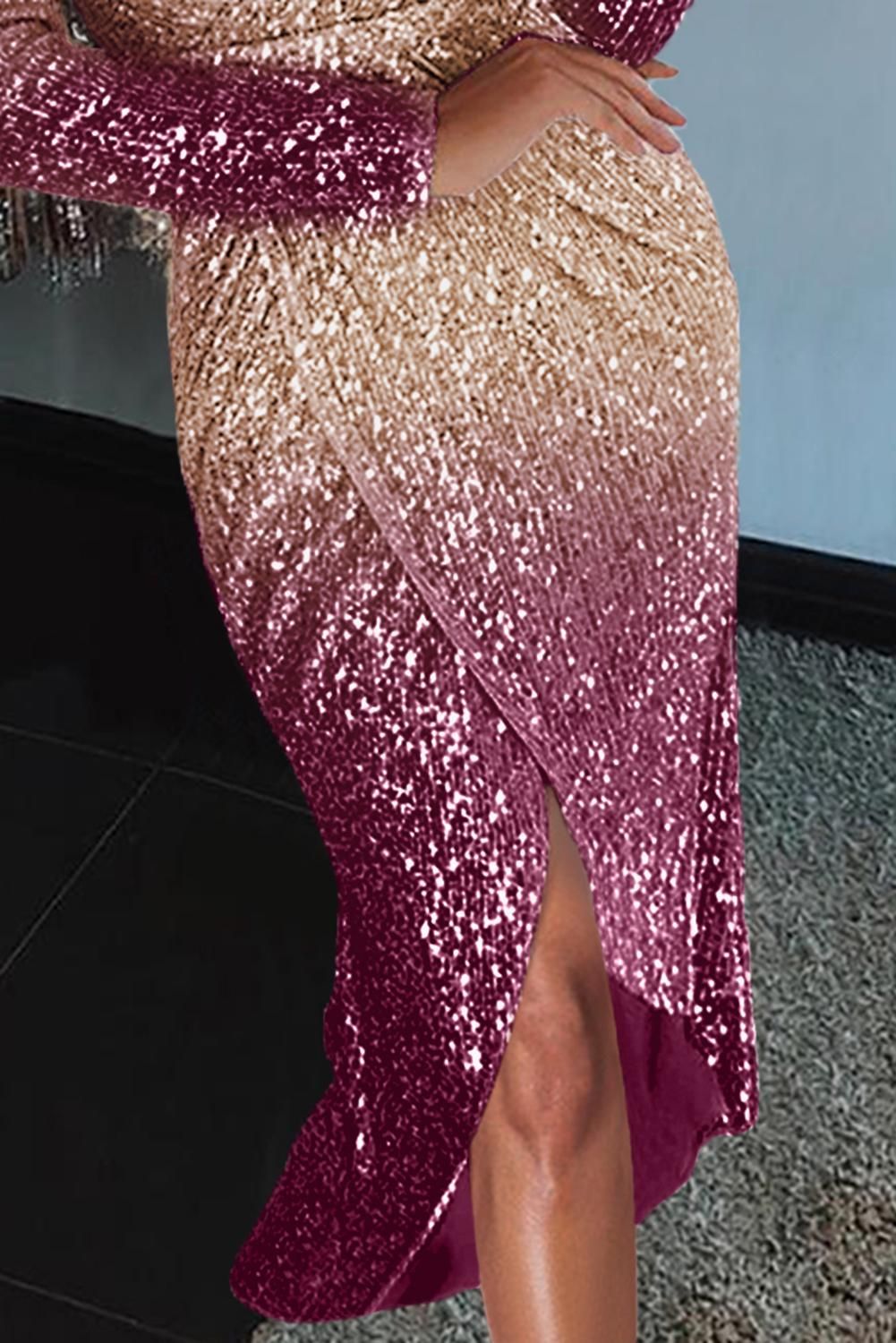 Apricot Ombre Sequin Wrapped Ruched Irregular Dress