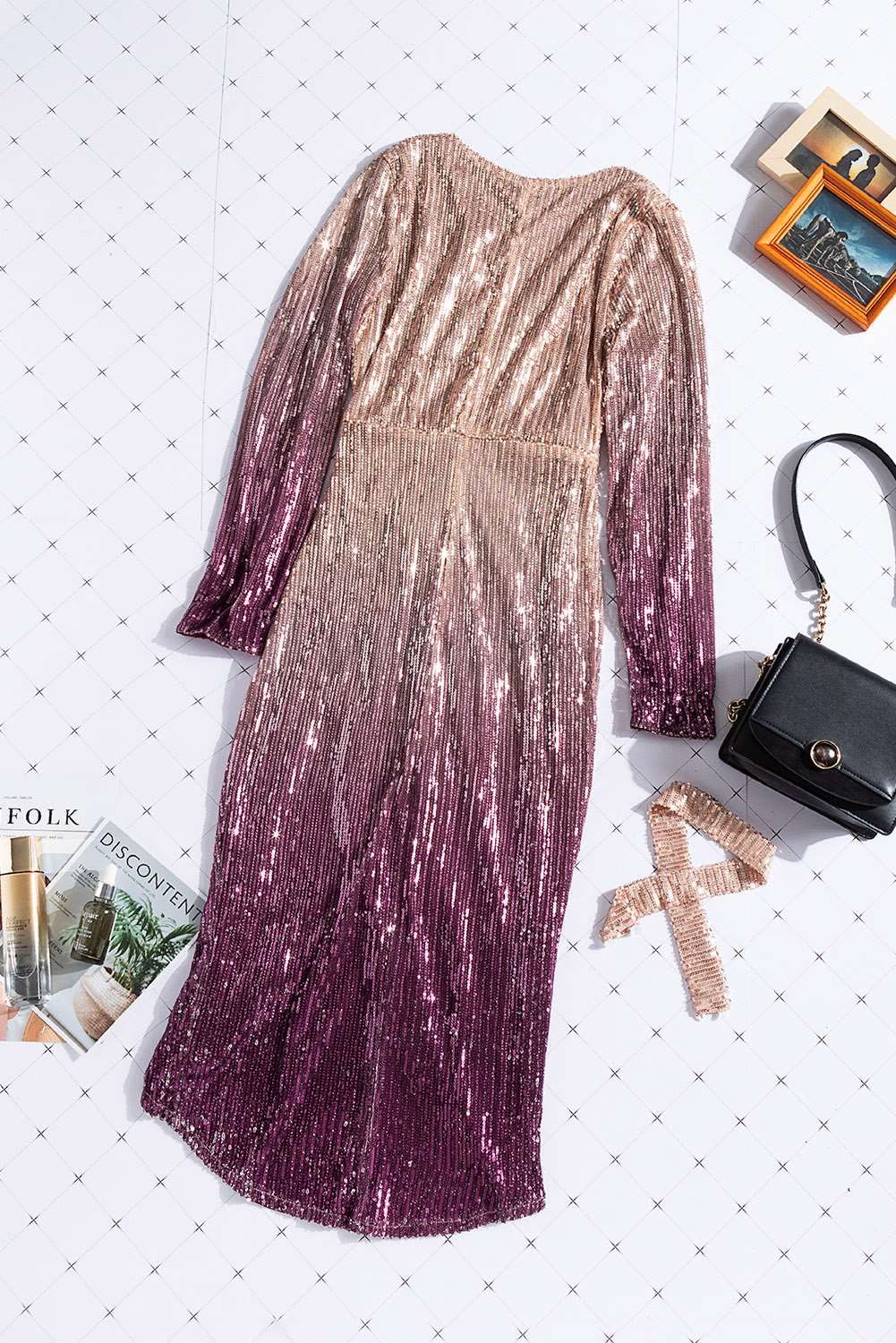 Apricot Ombre Sequin Wrapped Ruched Irregular Dress