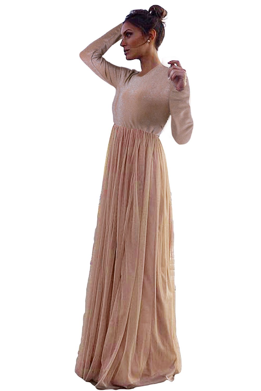 Long Sleeve Sequin Bodice Cocktail Maxi Dress