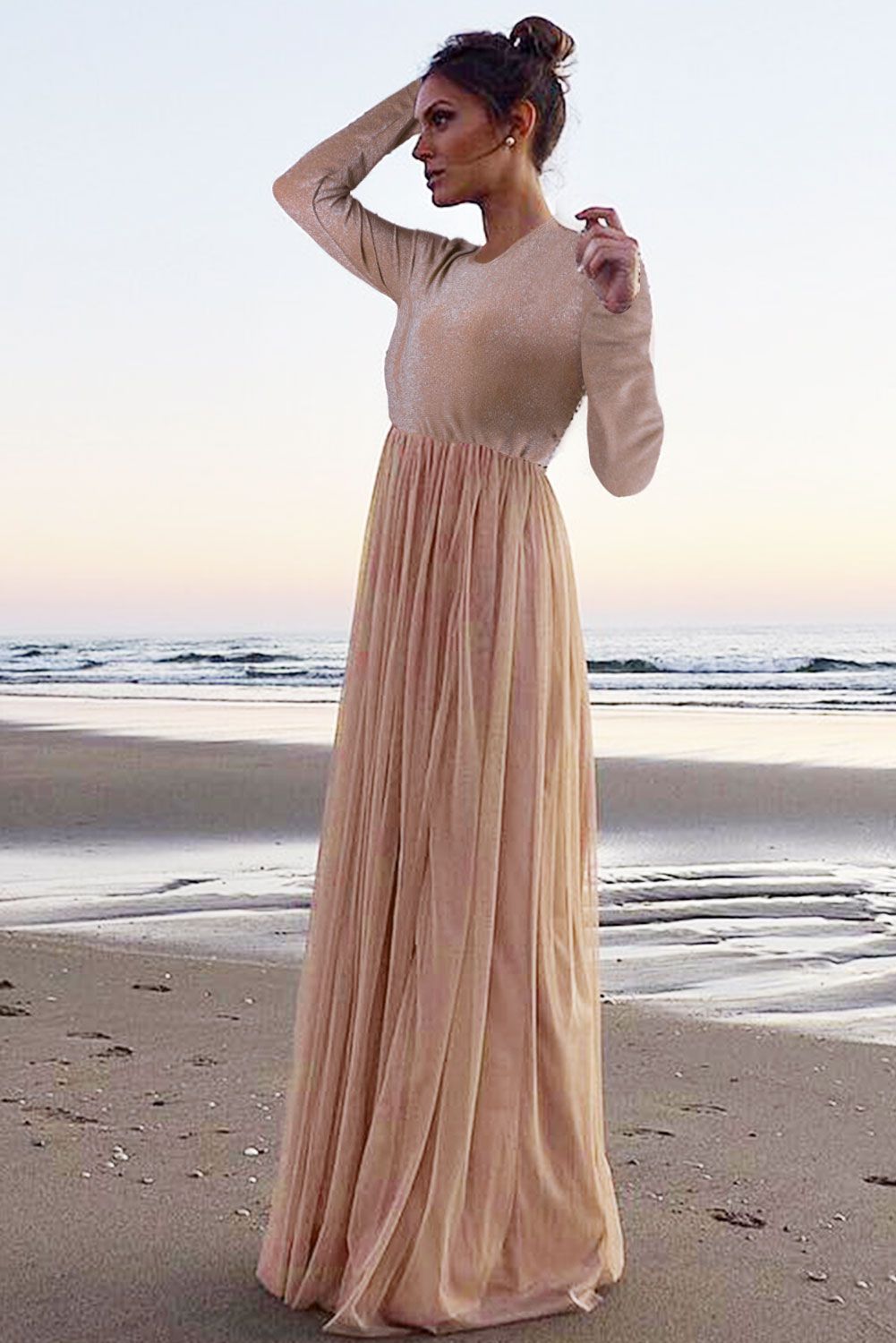 Long Sleeve Sequin Bodice Cocktail Maxi Dress
