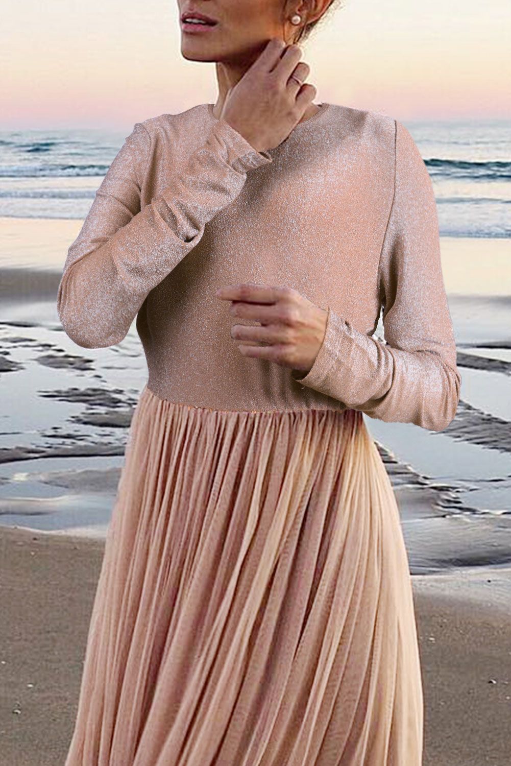 Long Sleeve Sequin Bodice Cocktail Maxi Dress