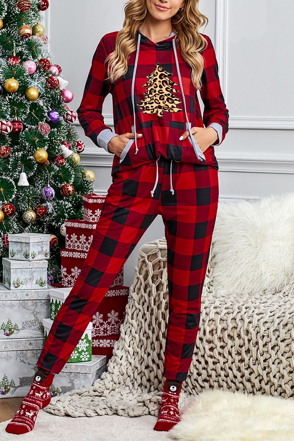Christmas Plaid Leopard Print Pocket Hoodie and Slim-fit Pants Set