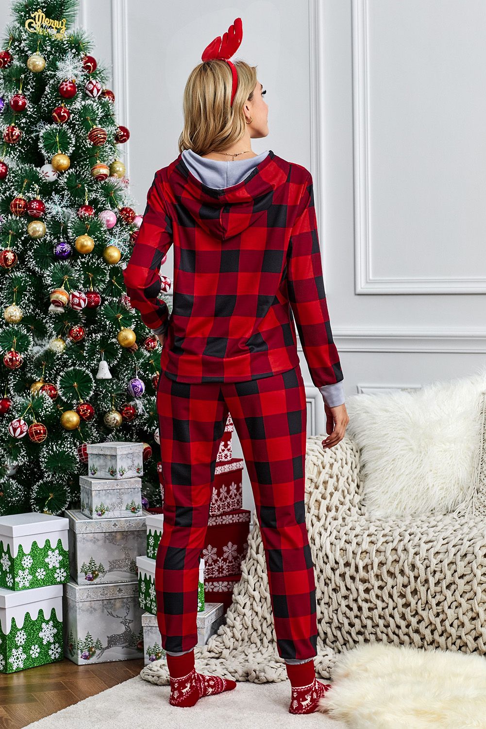 Christmas Plaid Leopard Print Pocket Hoodie and Slim-fit Pants Set